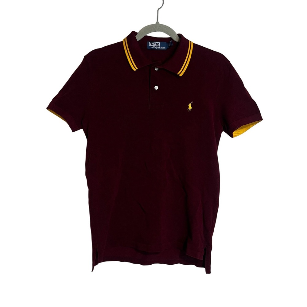 Polo Ralph Lauren Womens Short Sleeve Polo Shirt Burgundy Yellow Small USA Made